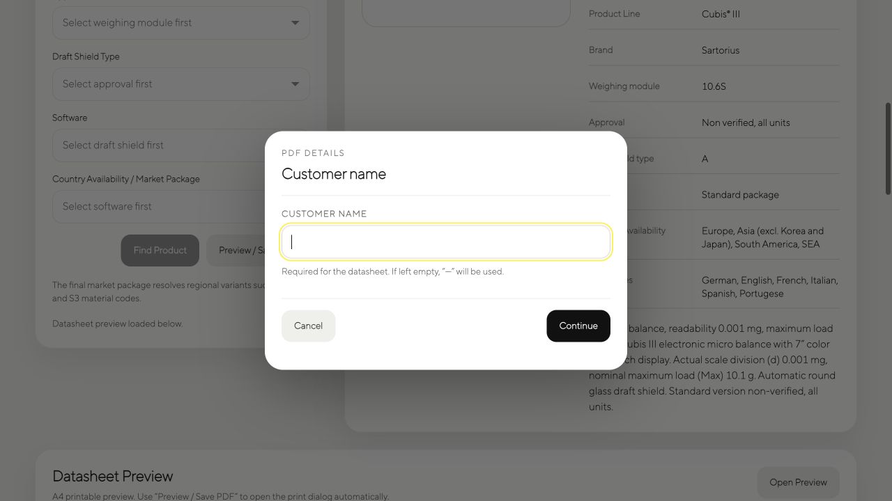 Customer name dialog displayed before the printable data sheet opens