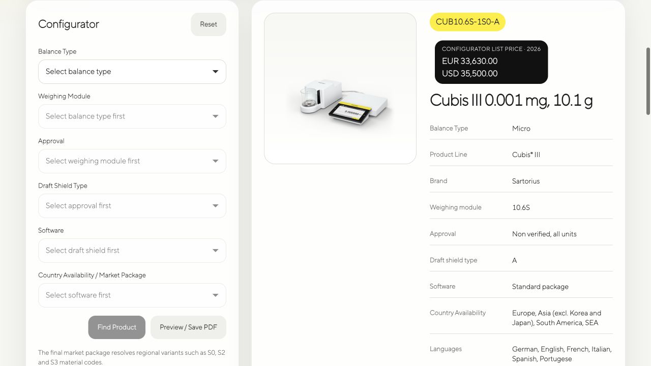 Product search and loaded Cubis III product in the configurator